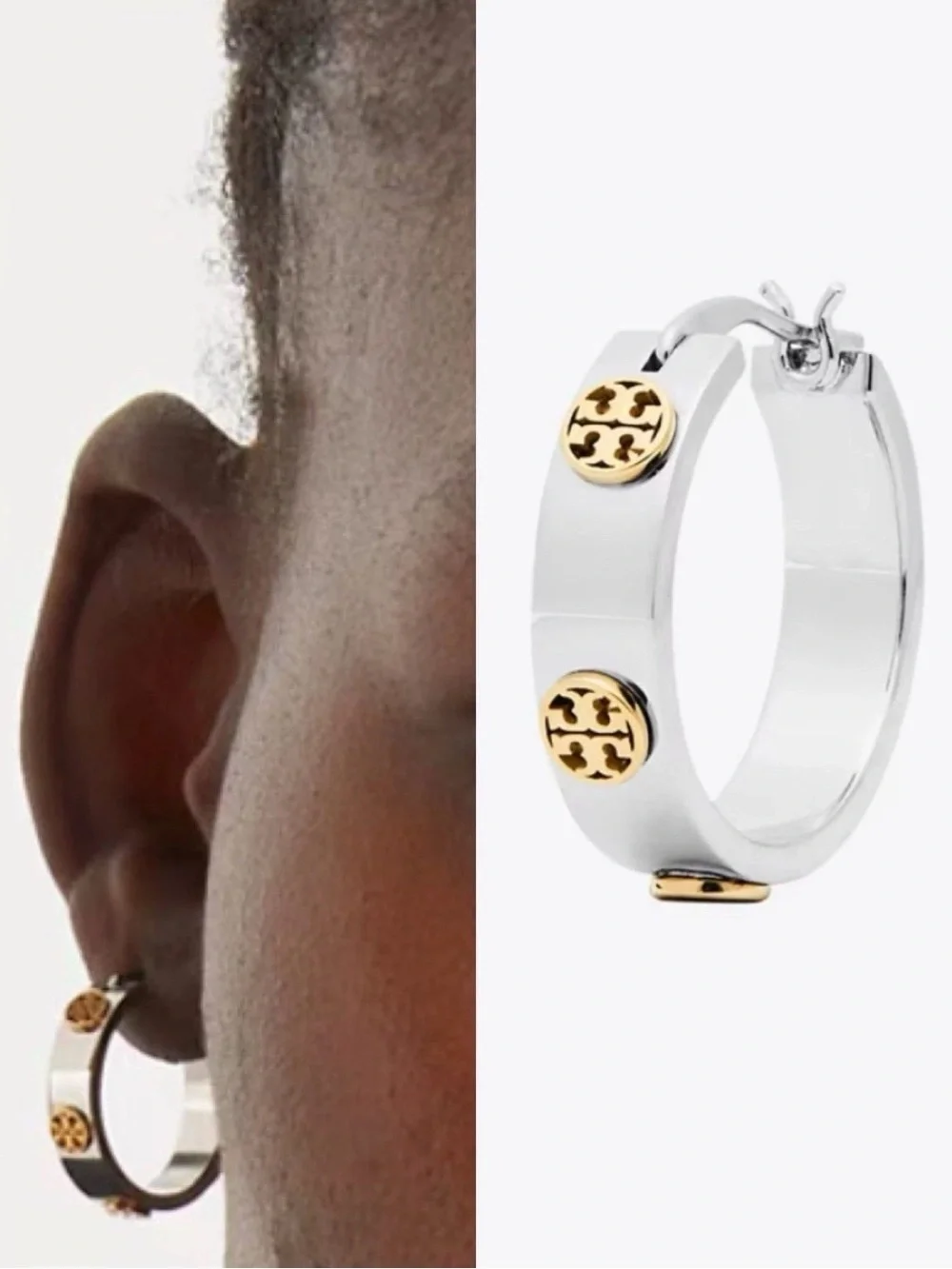 Tory Burch Gray Enamel Hoop Earrings with Gold Logo Accents